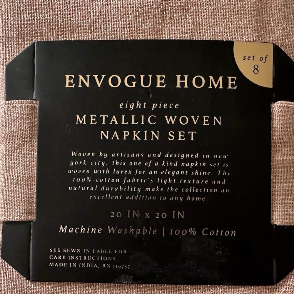 Envogue 8 Pc Napkins Set Cotton Woven Metallic NEW  W TAGS Dusty Peach Metallic
